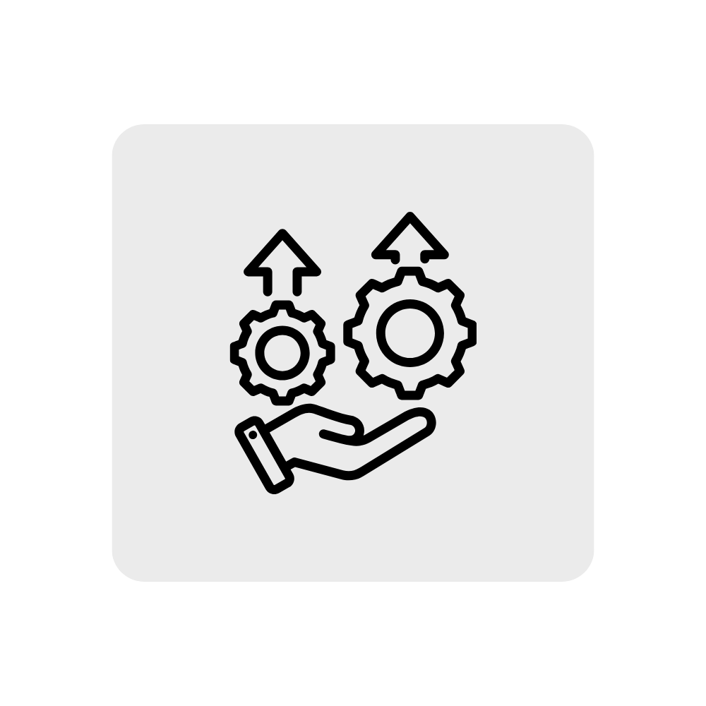 Line drawing of a hand holding two gears with arrows pointing upward, indicating process or automation.