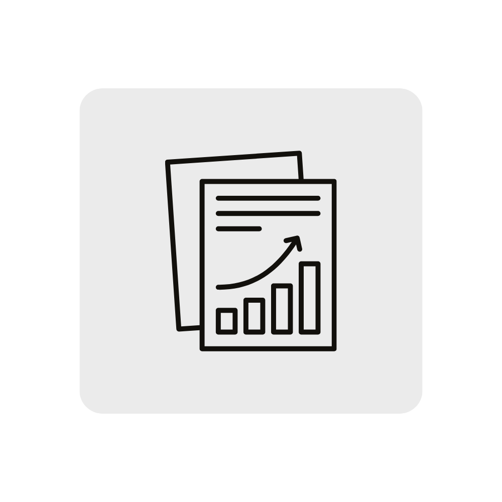 Icon of documents with a bar chart and upward arrow indicating growth.