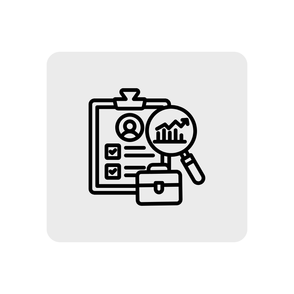Business profile with a magnifying glass showing a rising graph, a clipboard with a profile picture, checkmarks, and a briefcase.