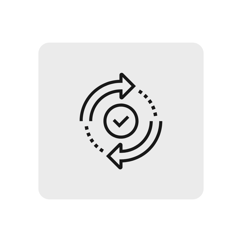 Icon of two circular arrows forming a cycle with a checkmark in the center, representing process completion or synchronization.
