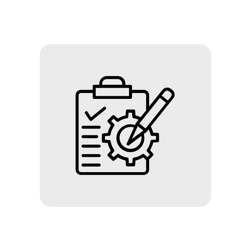 Icon of a clipboard with a checkmark, a gear, and a pencil, representing settings or configuration.