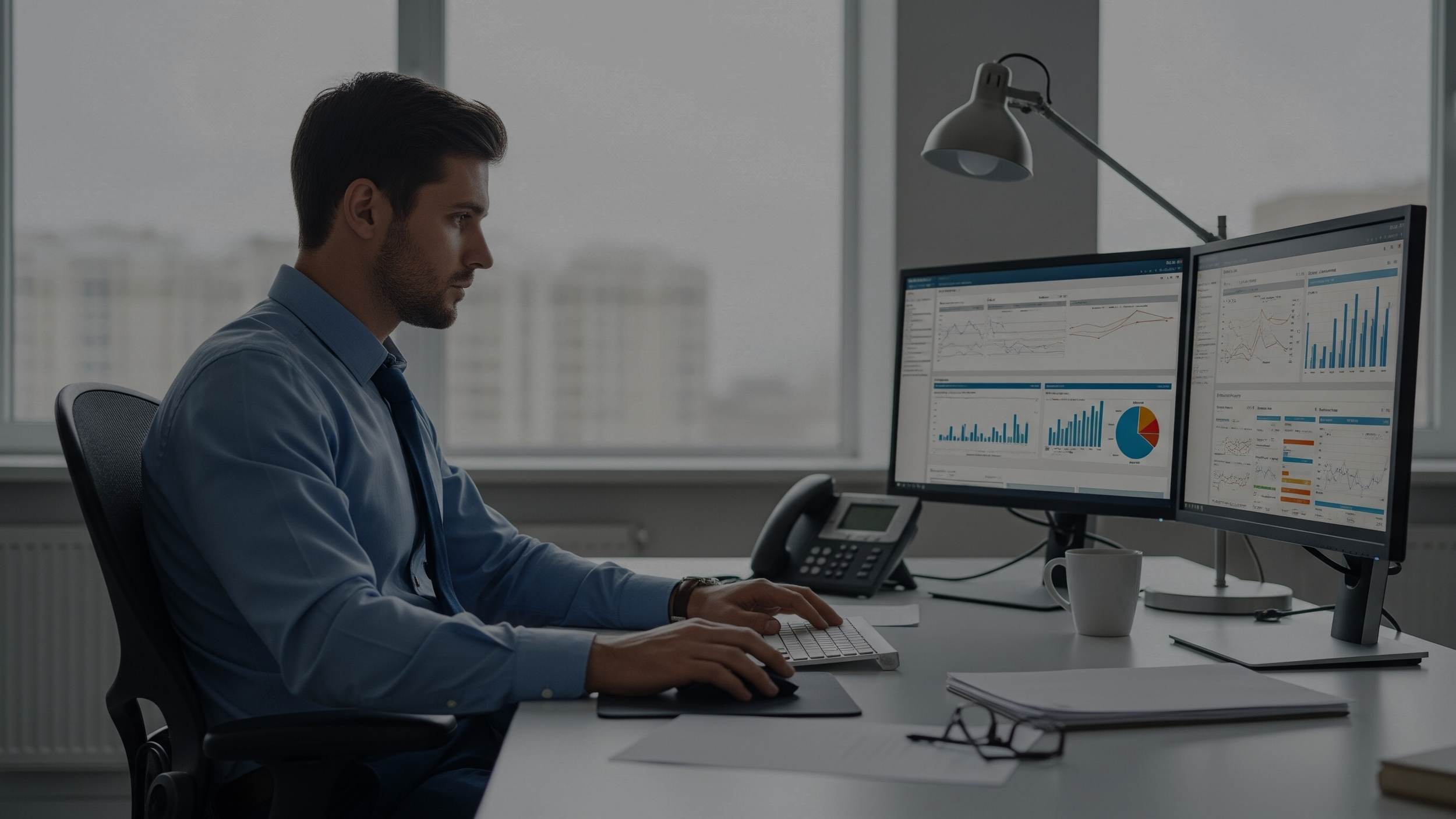 A man in a blue shirt sitting at a desk working on a computer with dual monitors displaying graphs and charts.