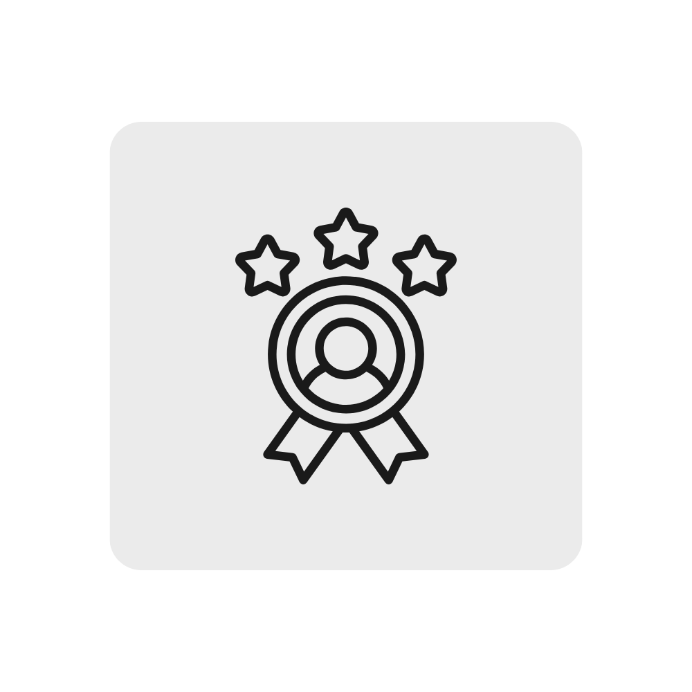 Icon representing recognition or award with a person badge, stars, and ribbon in a minimalist style.