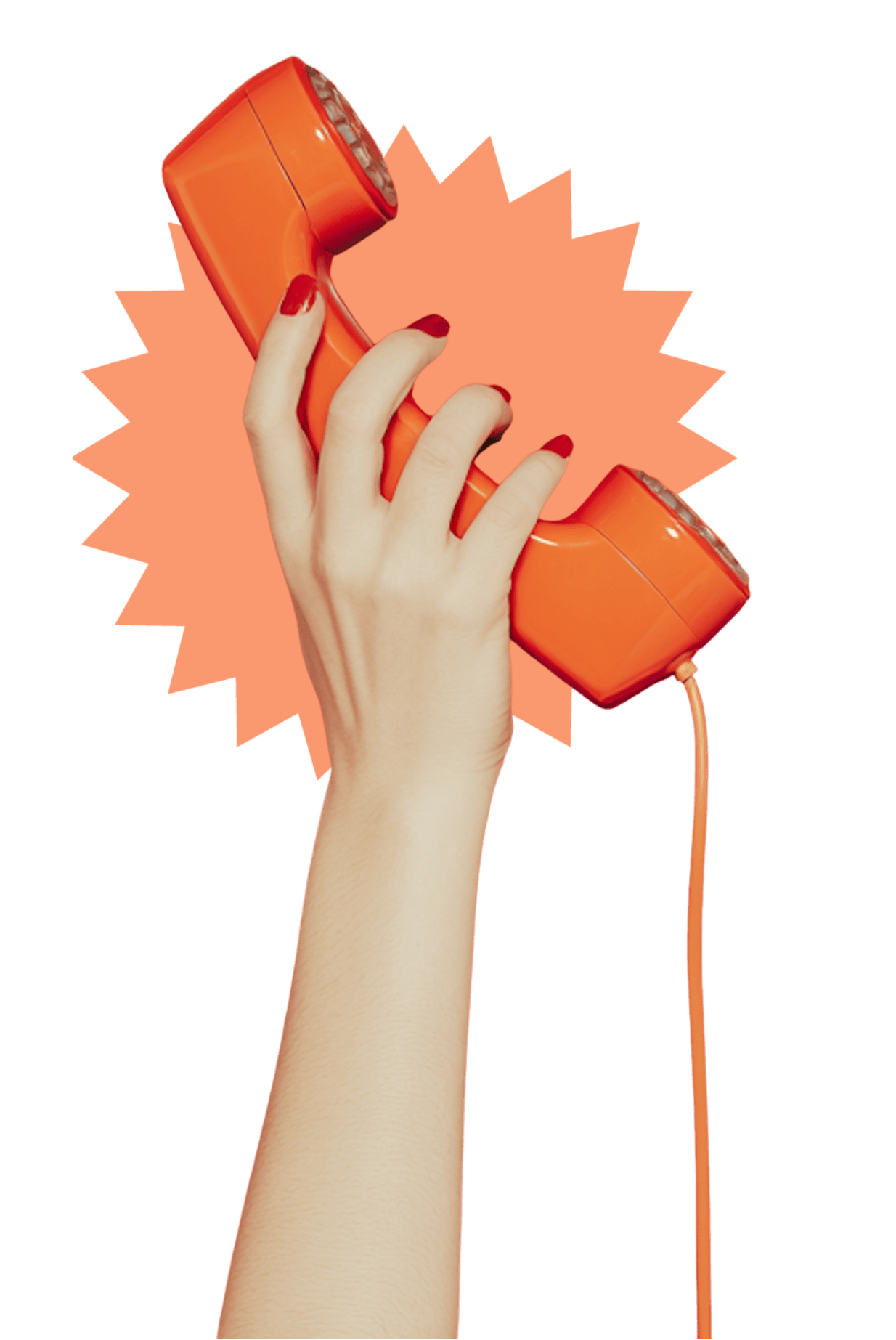 a hand with red nails holds an orange corded telephone receiver over a starburst shape.