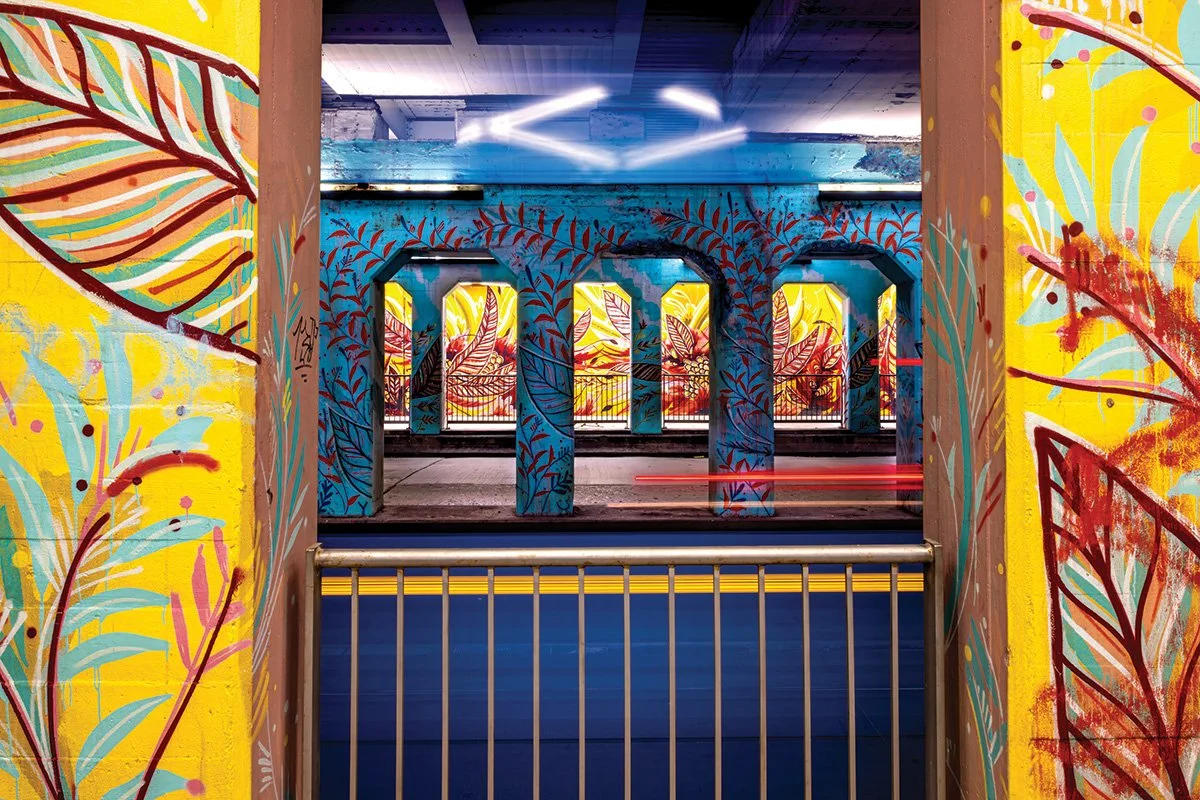 Underpass with vibrant graffiti murals featuring large leaves and plants in yellow, blue, red, and orange colors.