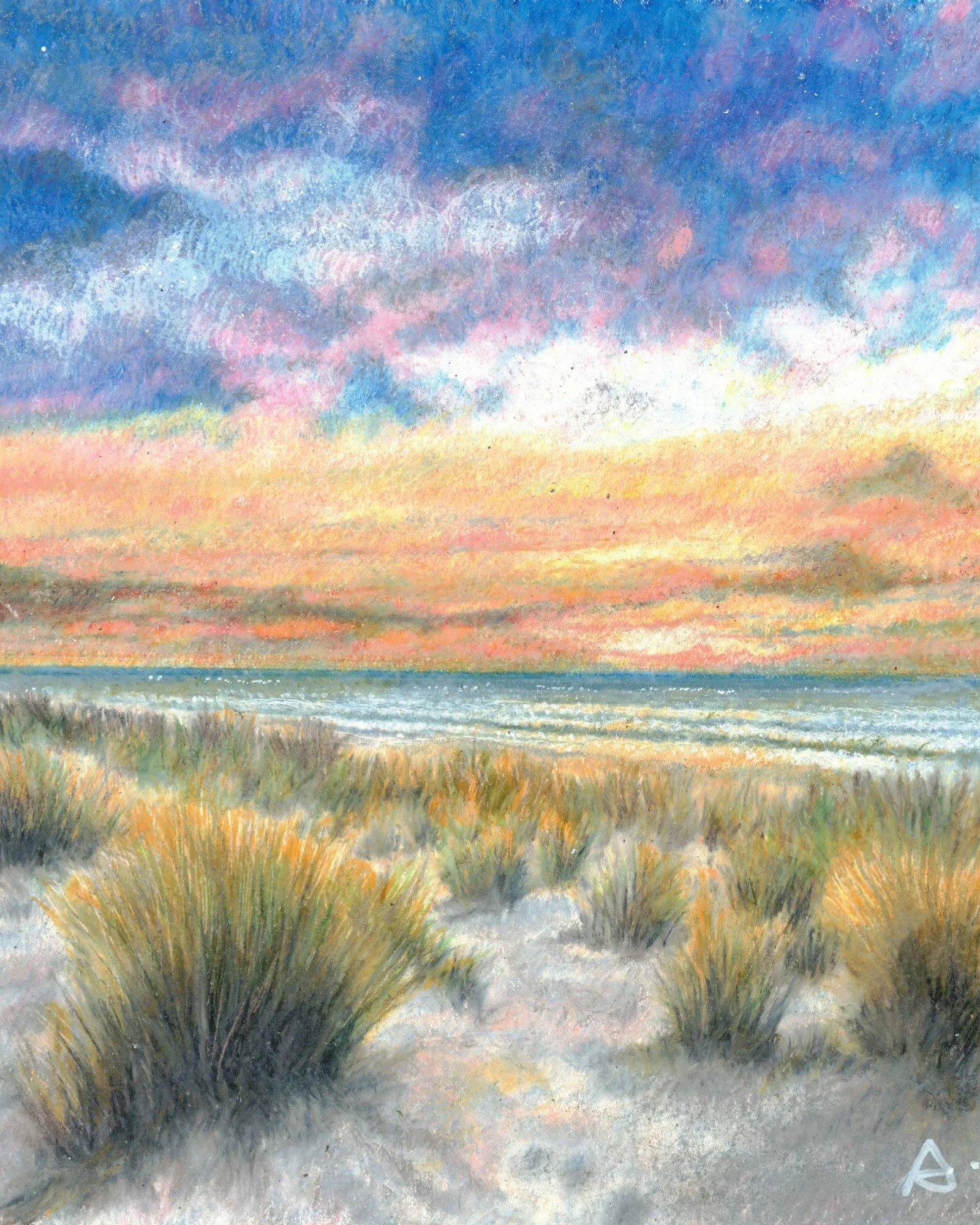 Color pencil rendering of a beach at sunset with cloudy sky, ocean waves, and dune grass in the foreground.