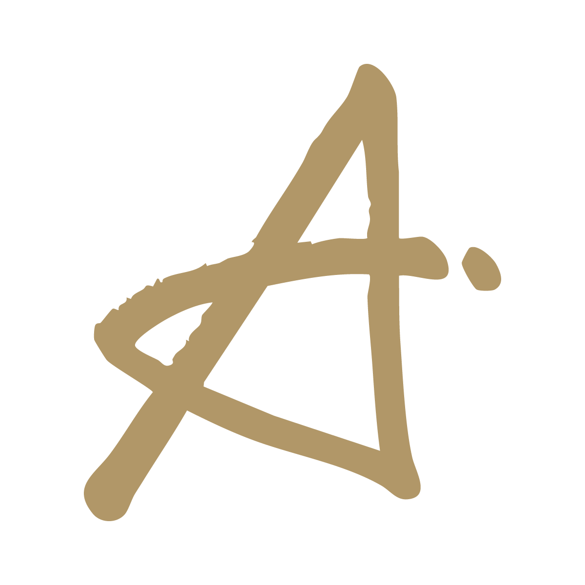 Stylized gold letter A with a dot to its right, on a black background.