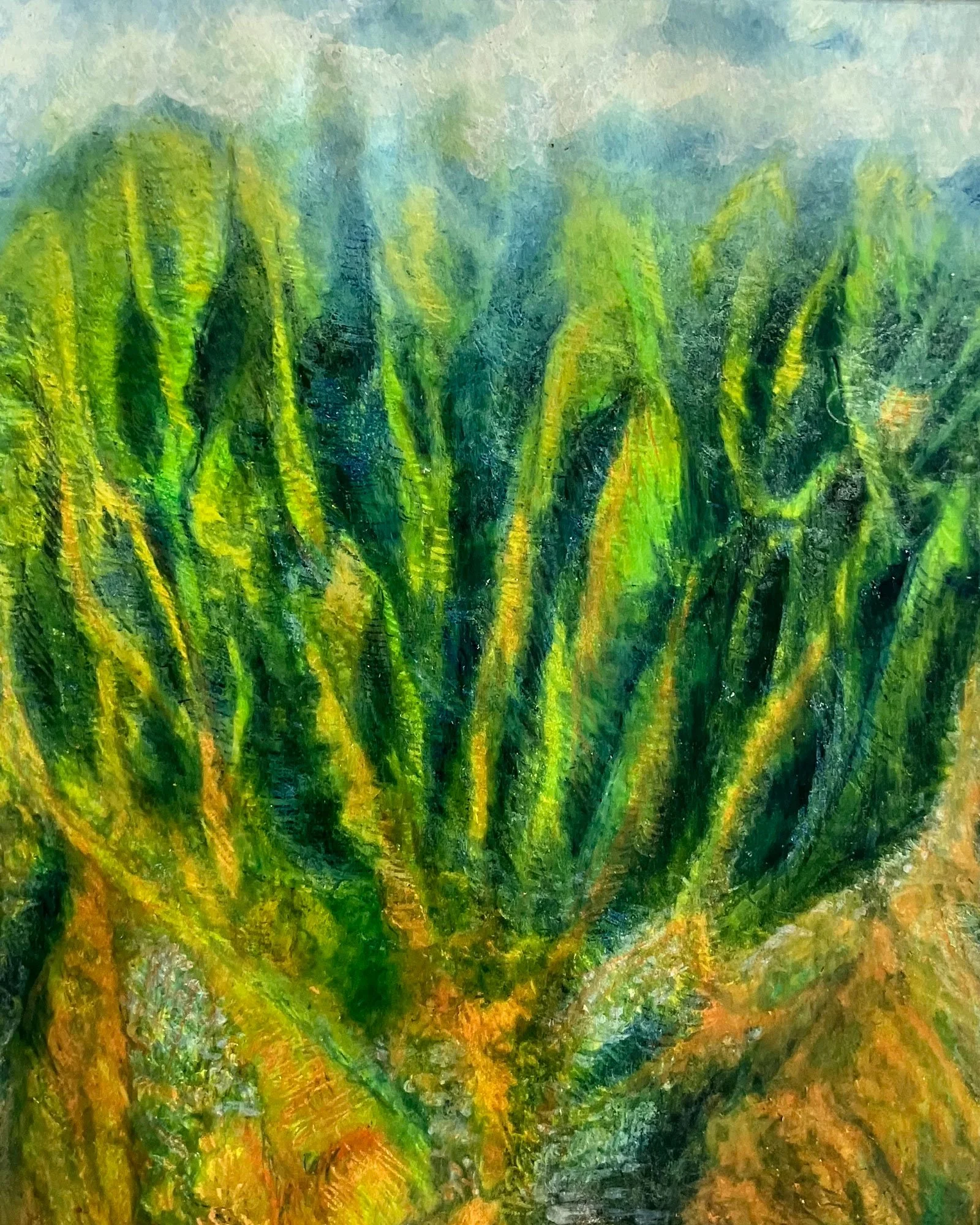 Close-up of a textured painting of green leaves or grass with a yellowish-brown background.