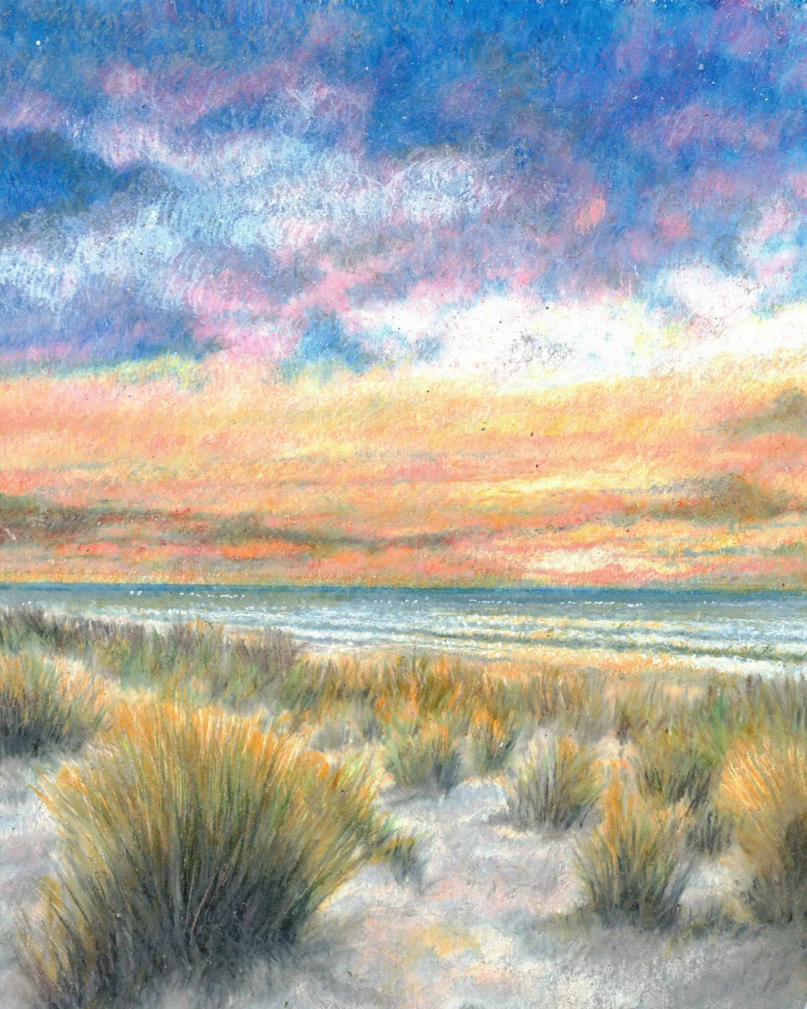 Color pencil rendering  of a beach scene during sunset with colorful clouds in sky, shoreline, and grassy dunes in foreground.