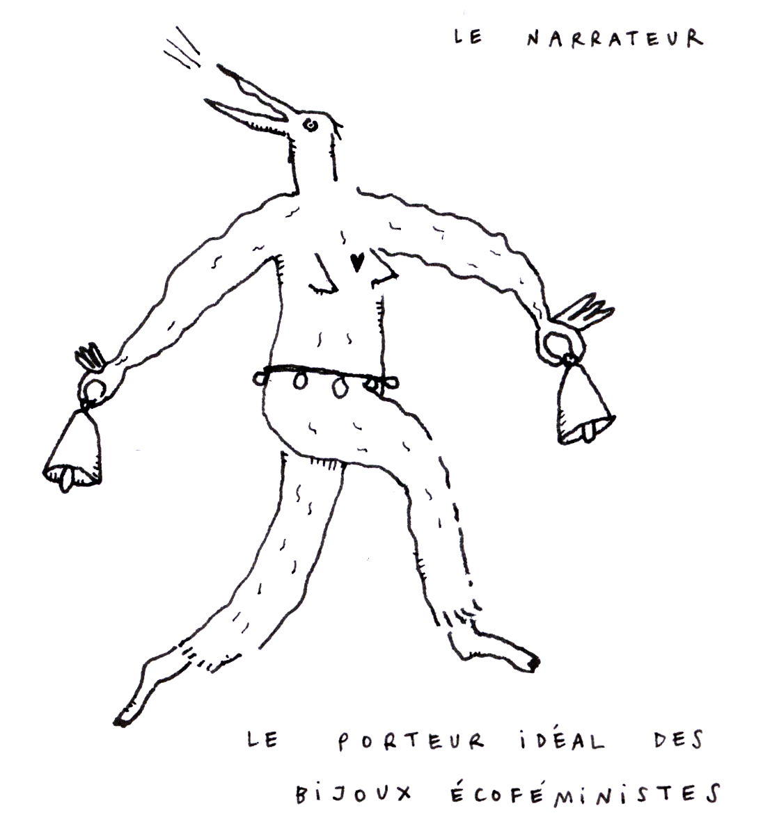 Dibujo humorístico de una figura antropomórfica con cuerpo peludo, cabeza de conejo, sosteniendo pequeños objetos en ambas manos. Título en la parte superior dice "Le Narrateur" y en la parte inferior "Le Porteur idéal des bijoux écoféministes".
