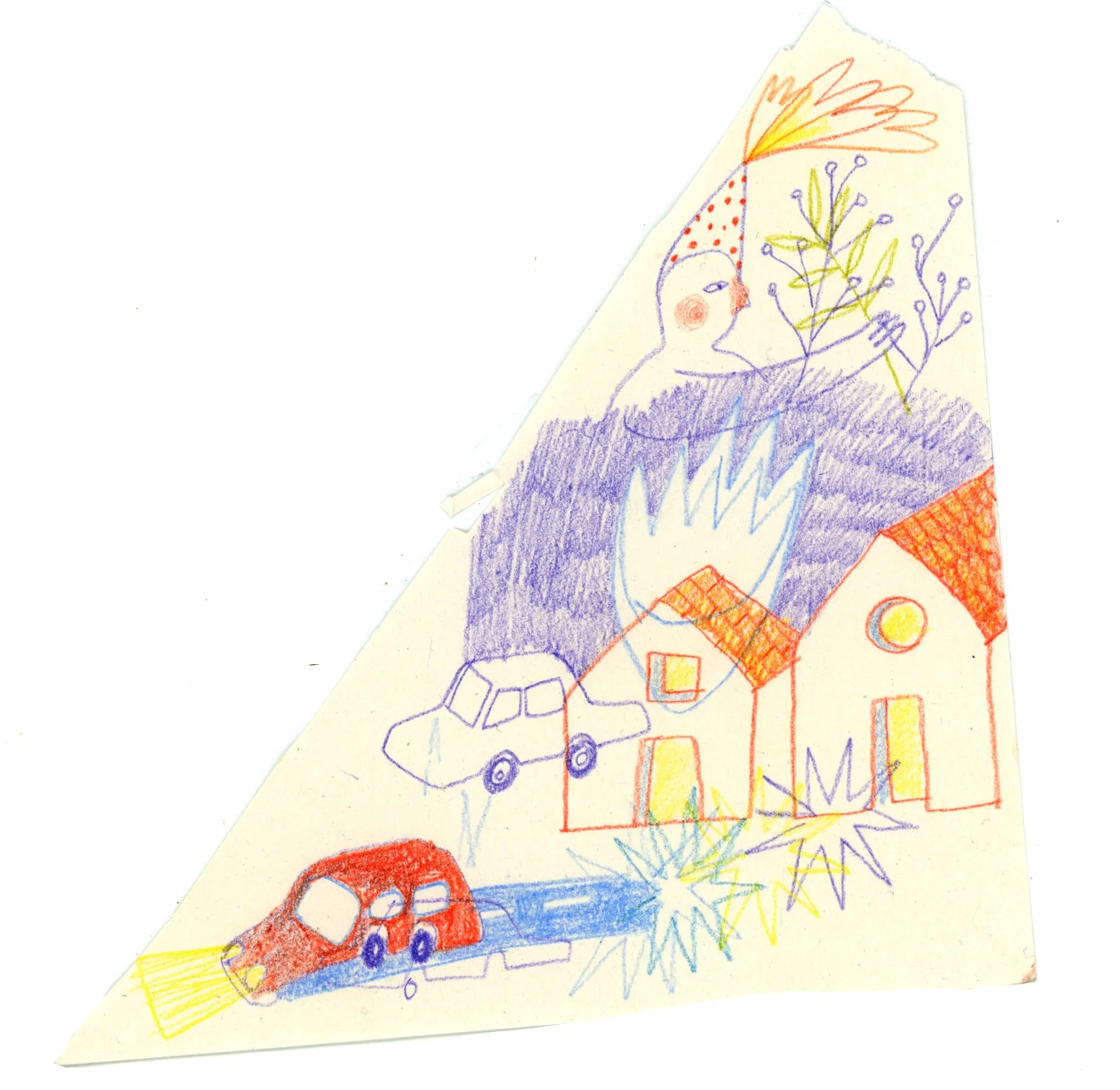 Dibujo infantil que muestra una figura humana con pajarita de fuegos artificiales, casas y autos en llamas, y explosiones en el fondo, con colores pastel y líneas sencillas.