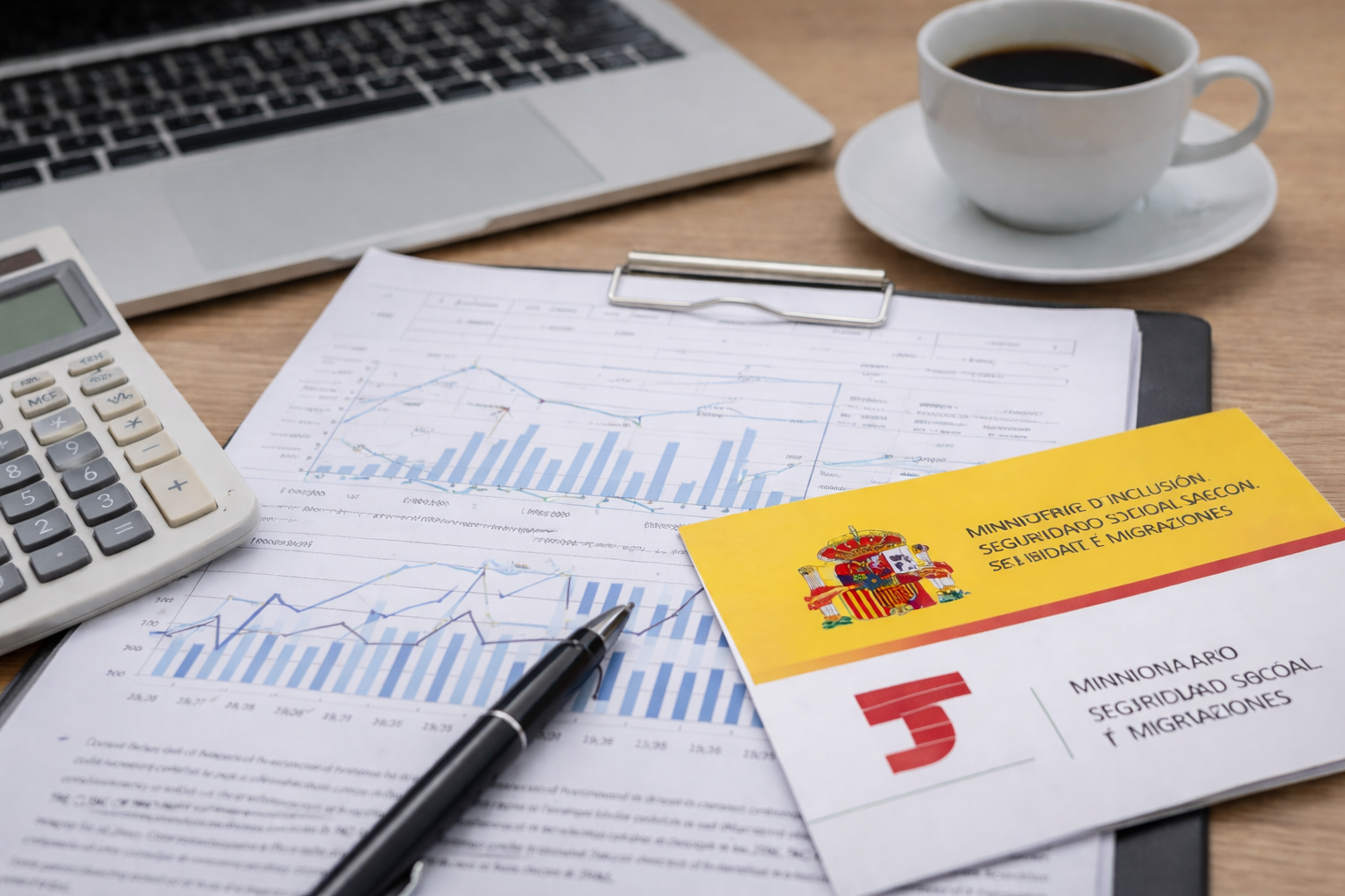 Documentos con gráficos, una calculadora, un bolígrafo, una taza de café y un portátil sobre una mesa de madera.