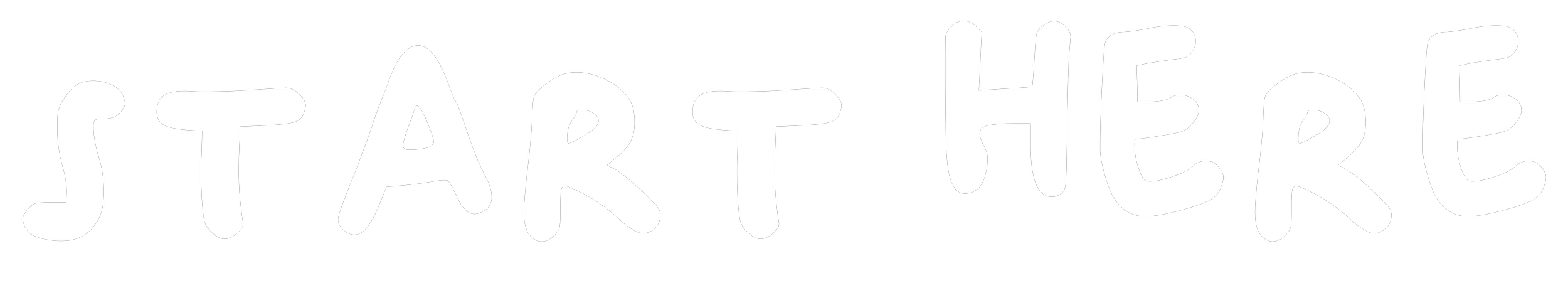 Cartoon-style handwritten text says 'START HERE' on a black background.