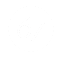 Number 67 inside a white circle on a black background