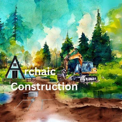 Watercolor painting of a construction site in a forest with an excavator, a small building, and dirt paths, with the text 'arhaic Construction' overlaid.