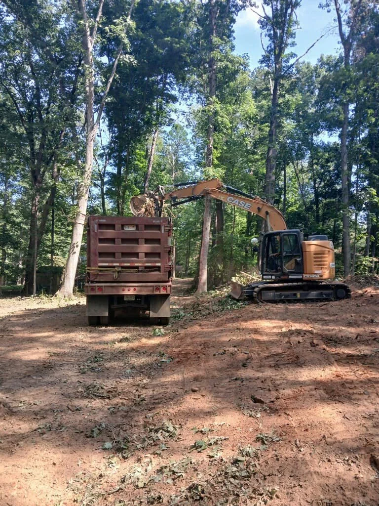 A construction site in a wooded area with a CASE excavator loading dirt into a dump truck.