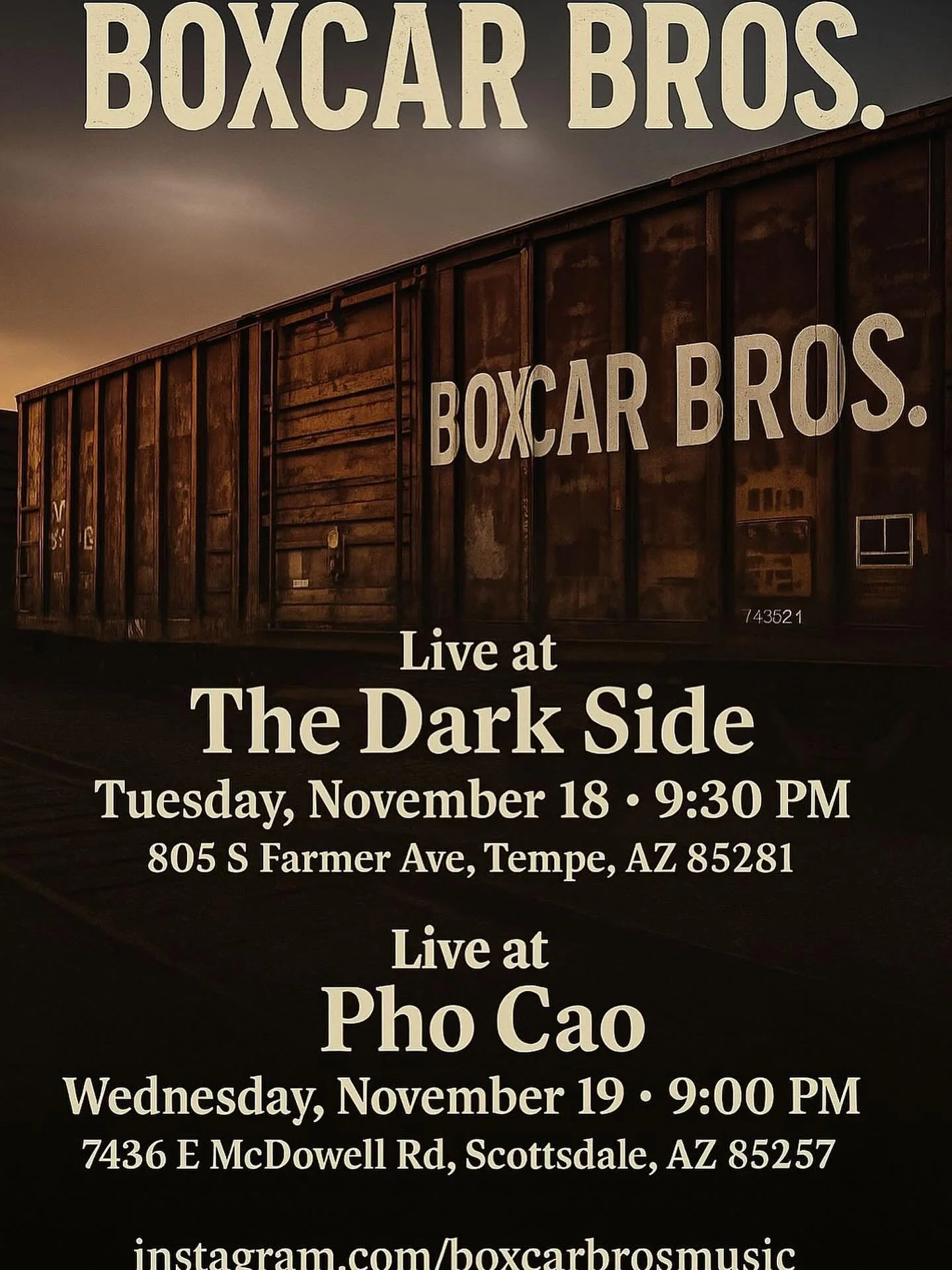 Howdy, AZ! Couple of small shows booked for November. These will be short sets. Don&rsquo;t be late, slackers! We are road testing singles from the upcoming record &ldquo;Desert Boardwalk.&rdquo; And you will hear some new material as well. Ride the 