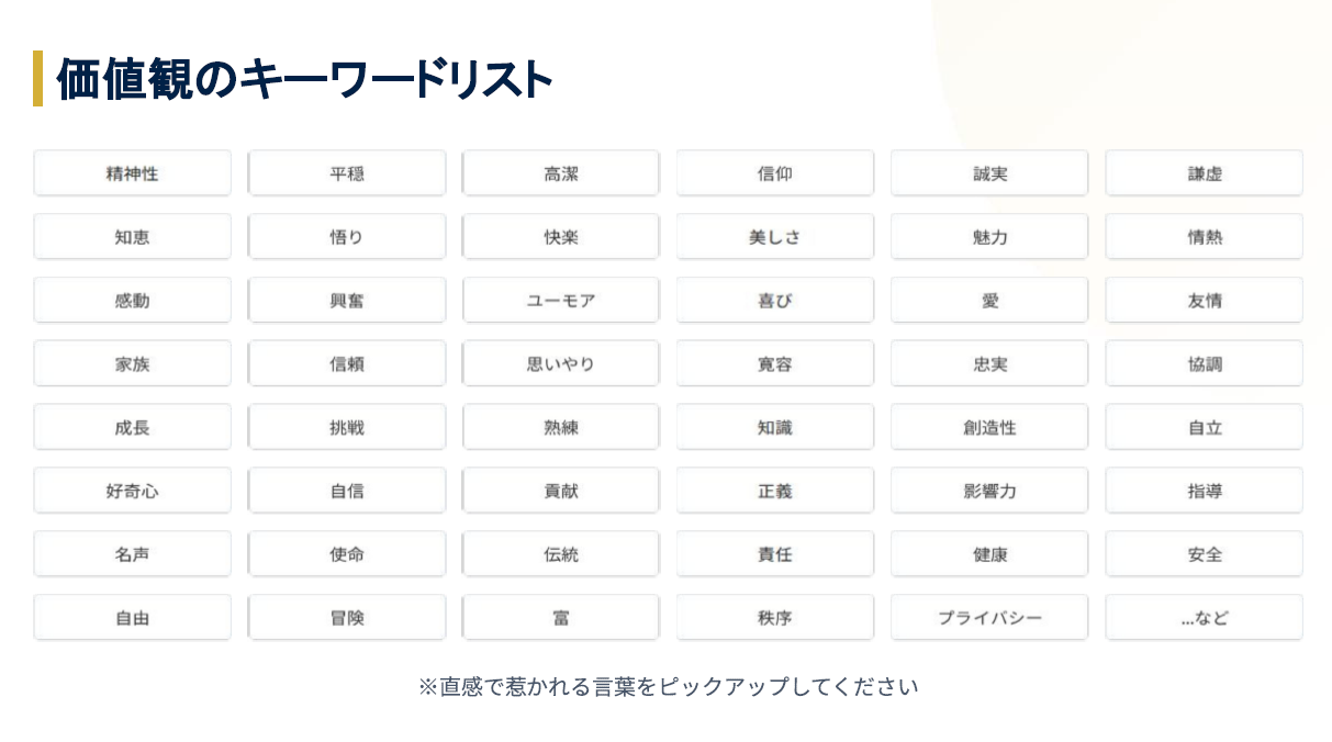 価値観のキーワードリスト
