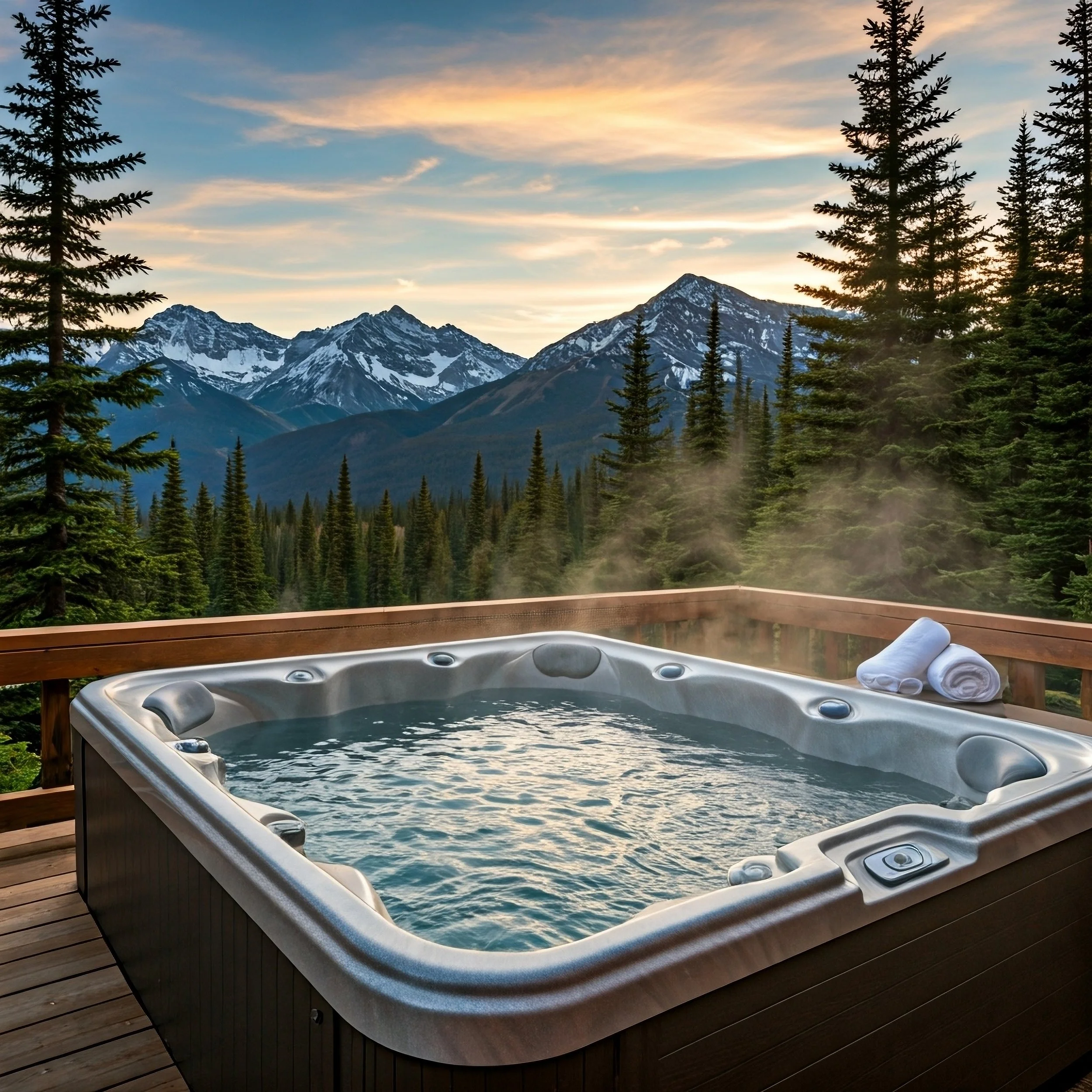 Hot tub on a wooden deck with mountains and pine trees in the background during sunset.