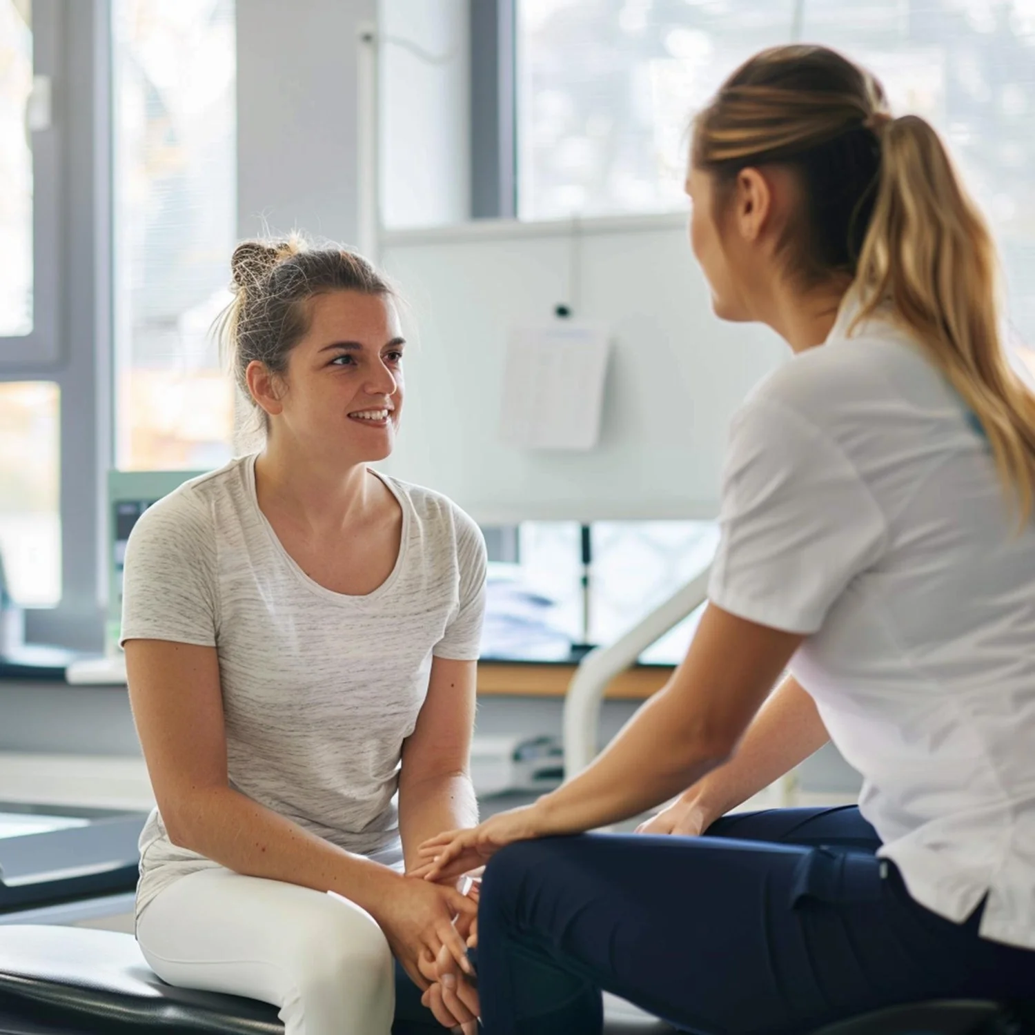 A young woman in a white T-shirt and white pants sitting on an examination table, talking and holding hands with a healthcare professional in a white uniform, inside a medical office with large windows.