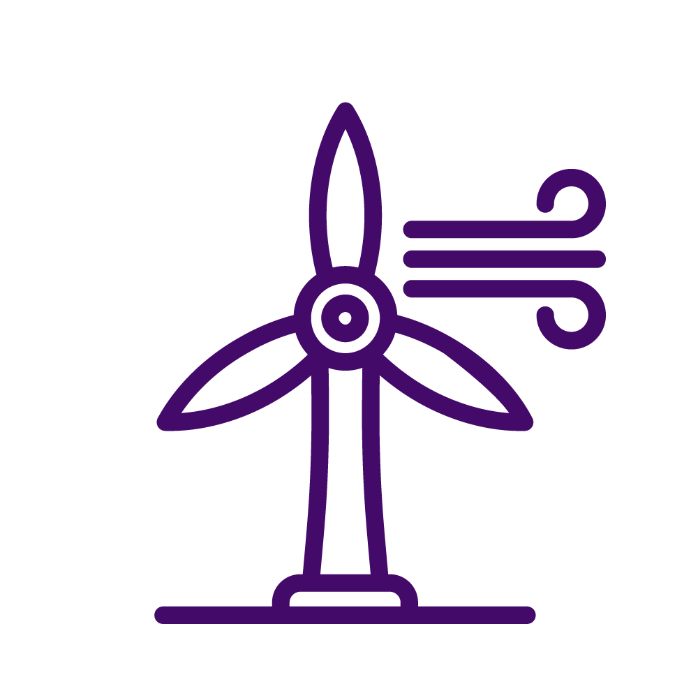 Minimalist outline of a wind turbine fan with three curved lines indicating airflow.