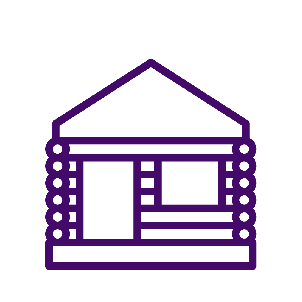 Outline of a tiny house with a front door and a window, depicted in purple lines on a black background.