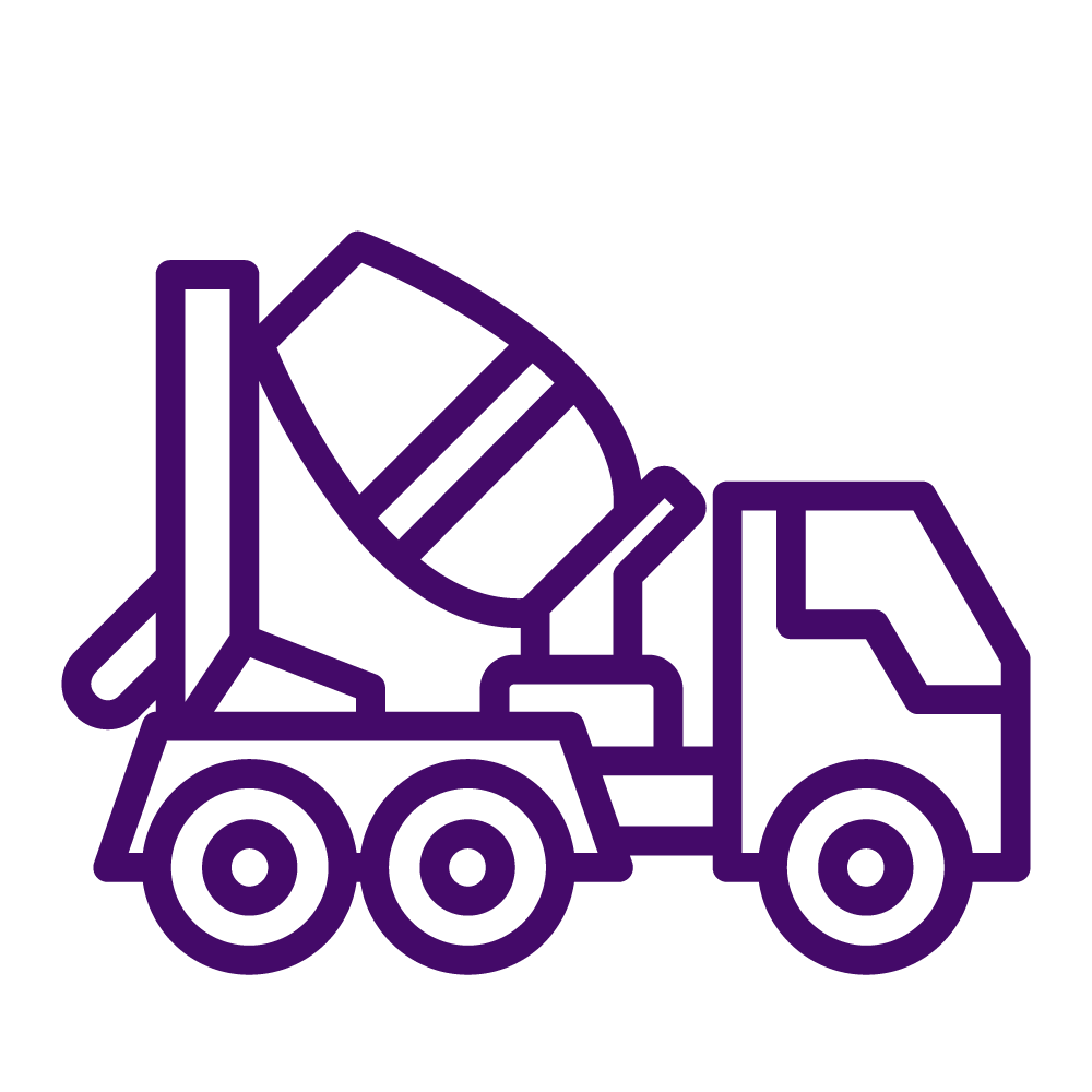 Line drawing of a cement mixer truck.