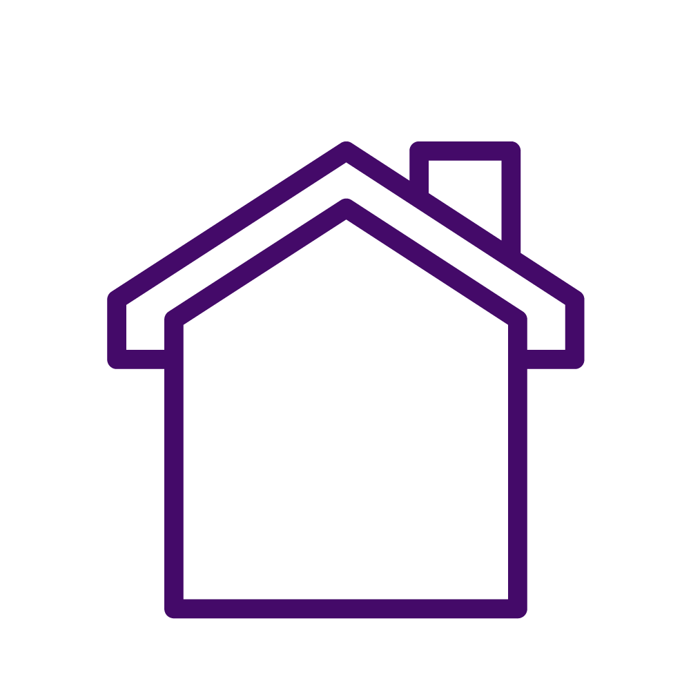 Line drawing of a house with a chimney, outlined in purple.