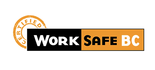 Safety poster with text that says "Work Safe BC" and includes a circular logo with the words "GET BACKED".