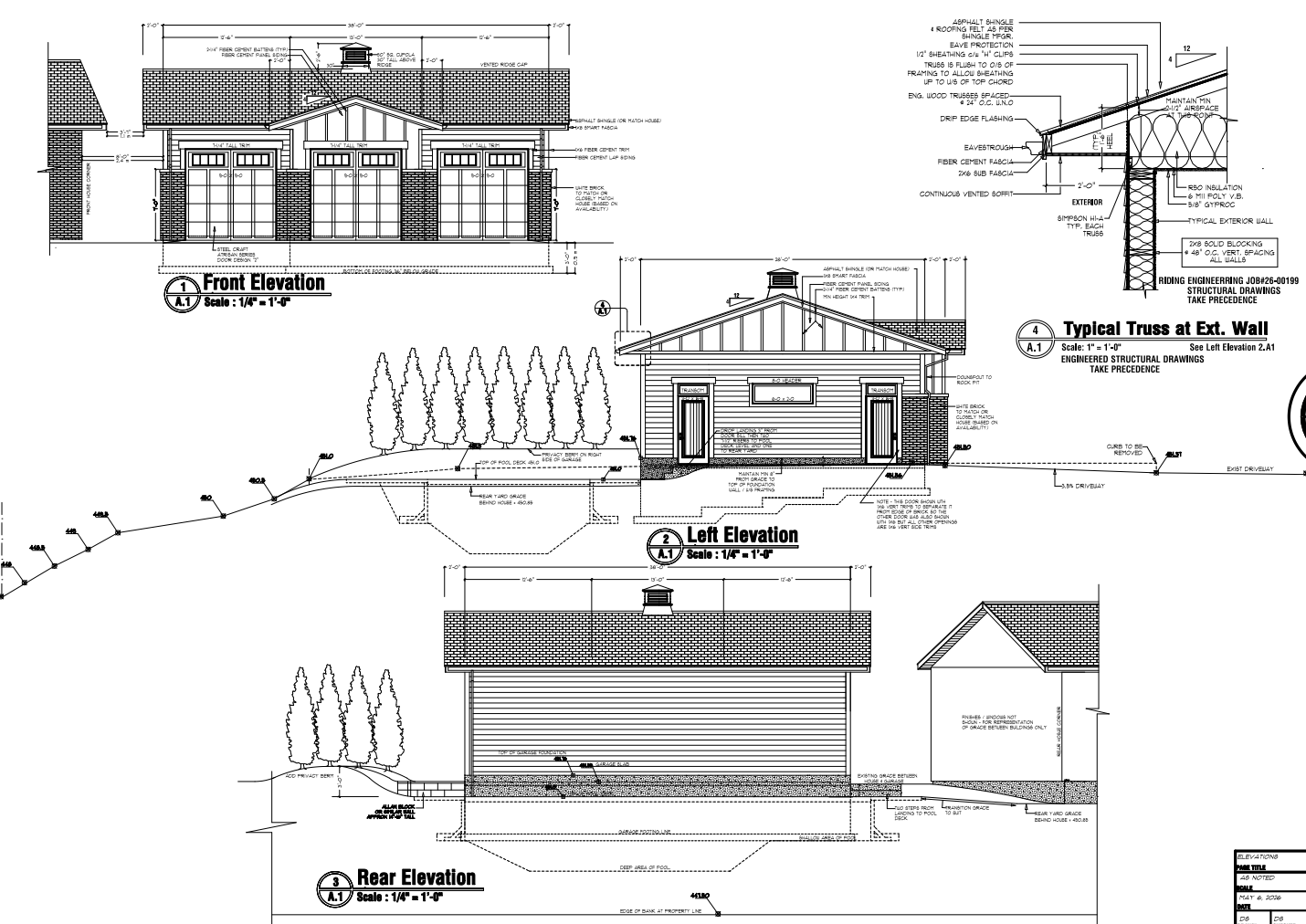 Architectural blueprint of a house showing front, left, and rear elevations with detailed measurements and construction notes.