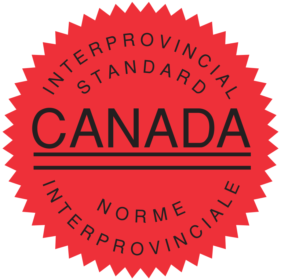 Red badge with black text stating 'Interprovincial Standard Canada' and 'Interprovinciale' in French, with a large bold 'Canada' in the center, and a serrated edge.