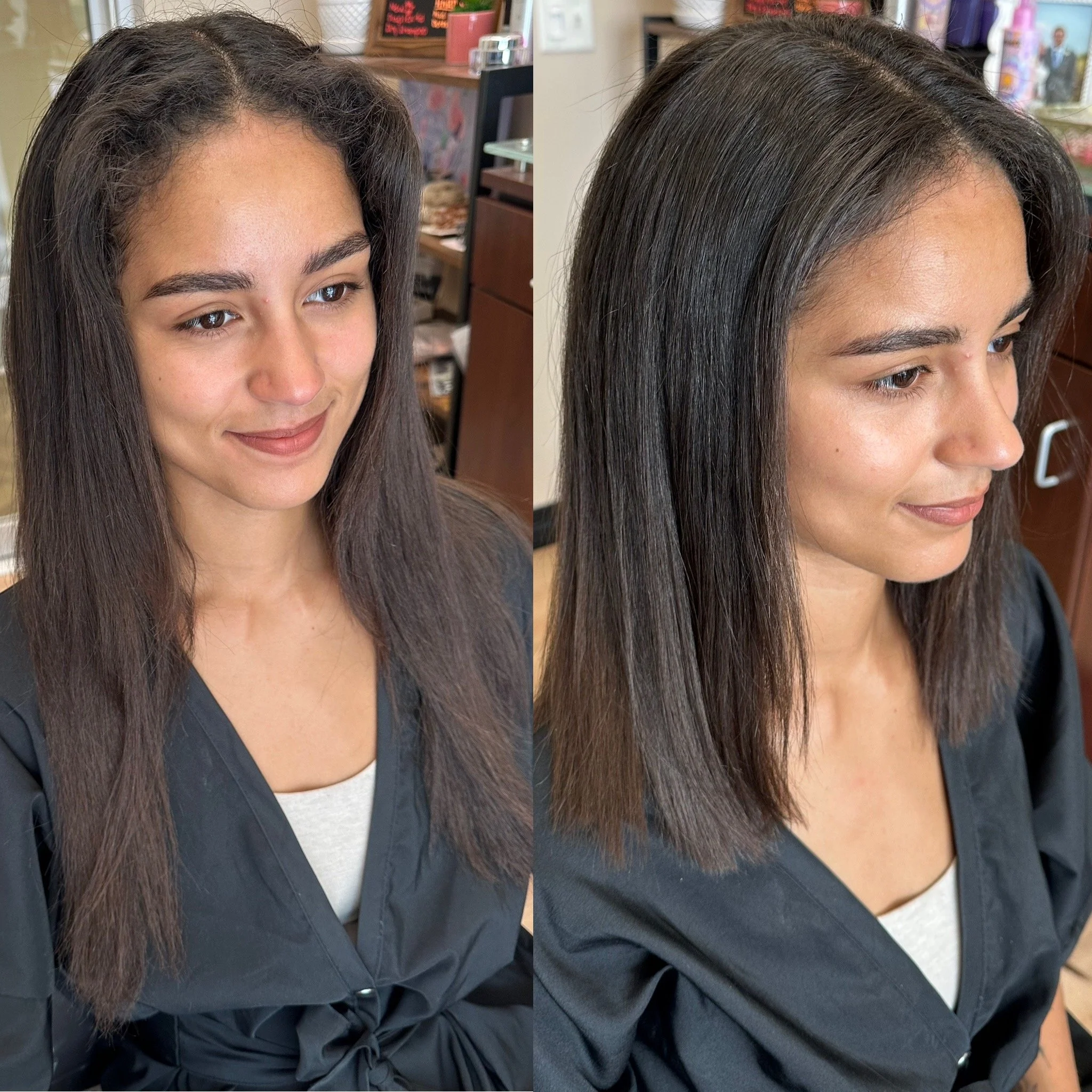 Before and after smoothing treatment featuring Brazilian Blowout and keratin treatment results with reduced frizz, improved shine, and more manageable hair by Leah Taylor Salon in St. Petersburg, Florida.