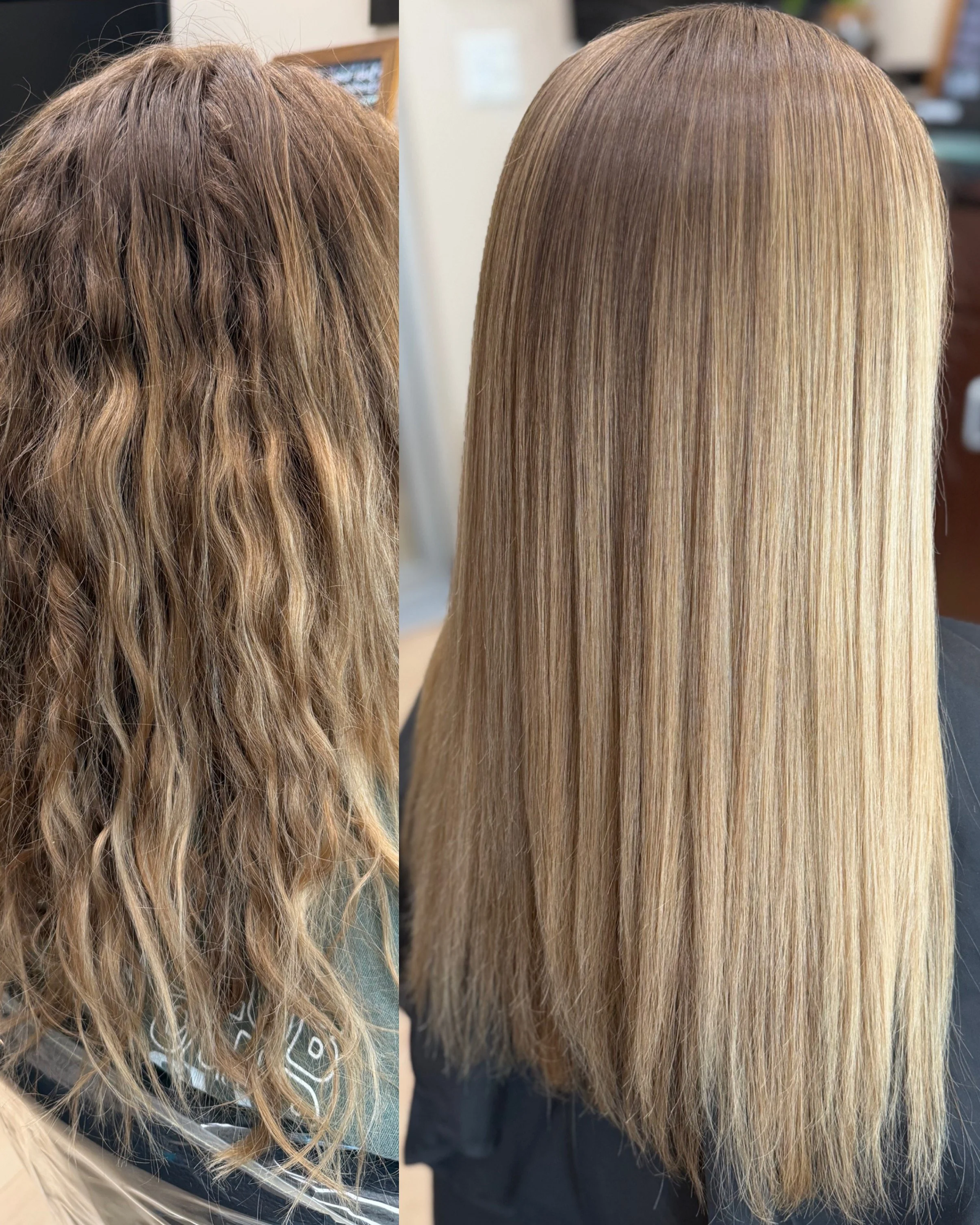 Before and after smoothing treatment featuring Brazilian Blowout and keratin treatment results with reduced frizz, improved shine, and more manageable hair by Leah Taylor Salon in St. Petersburg, Florida.