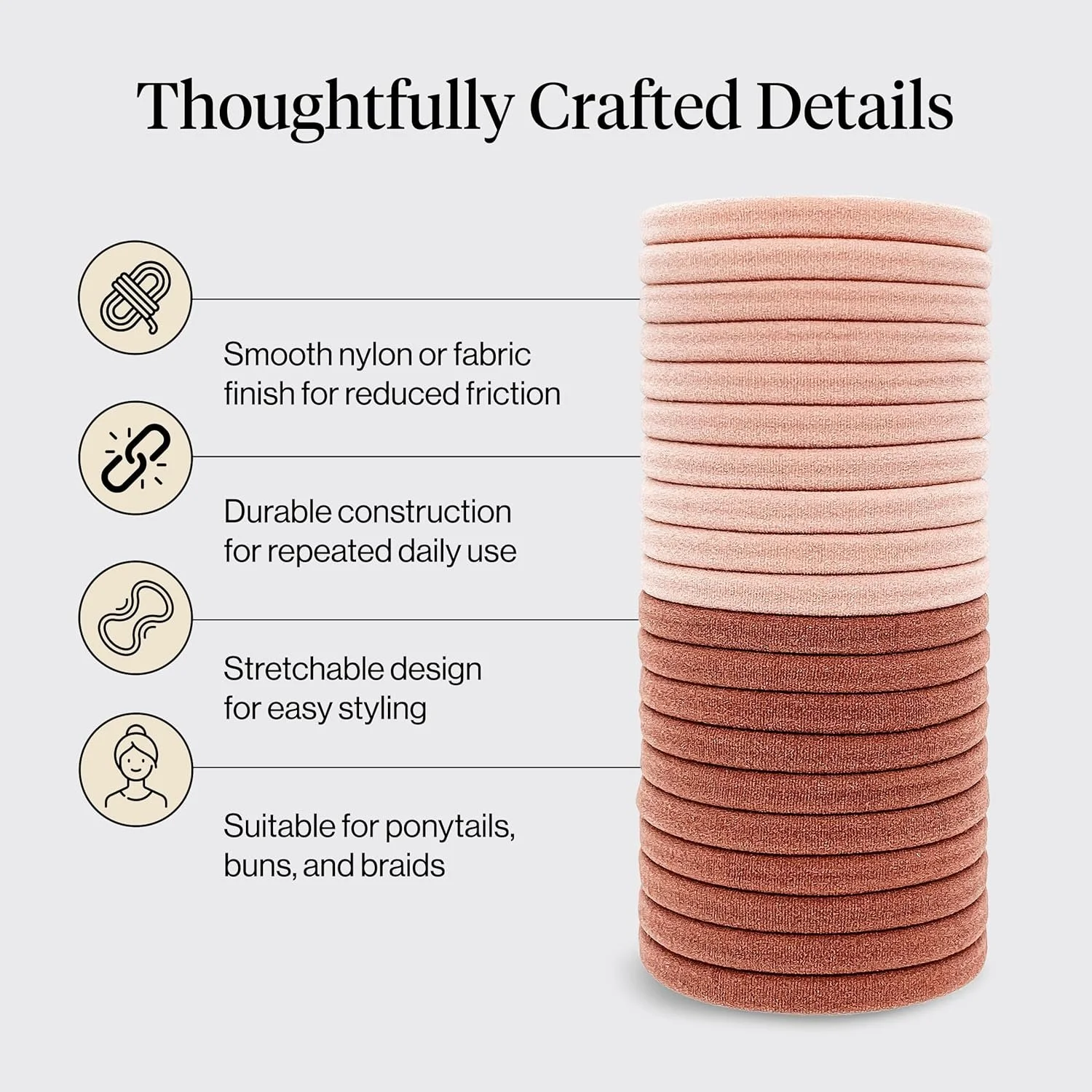 Kitsch hair ties for gently securing hair while helping reduce pulling, creasing and breakage during everyday styling