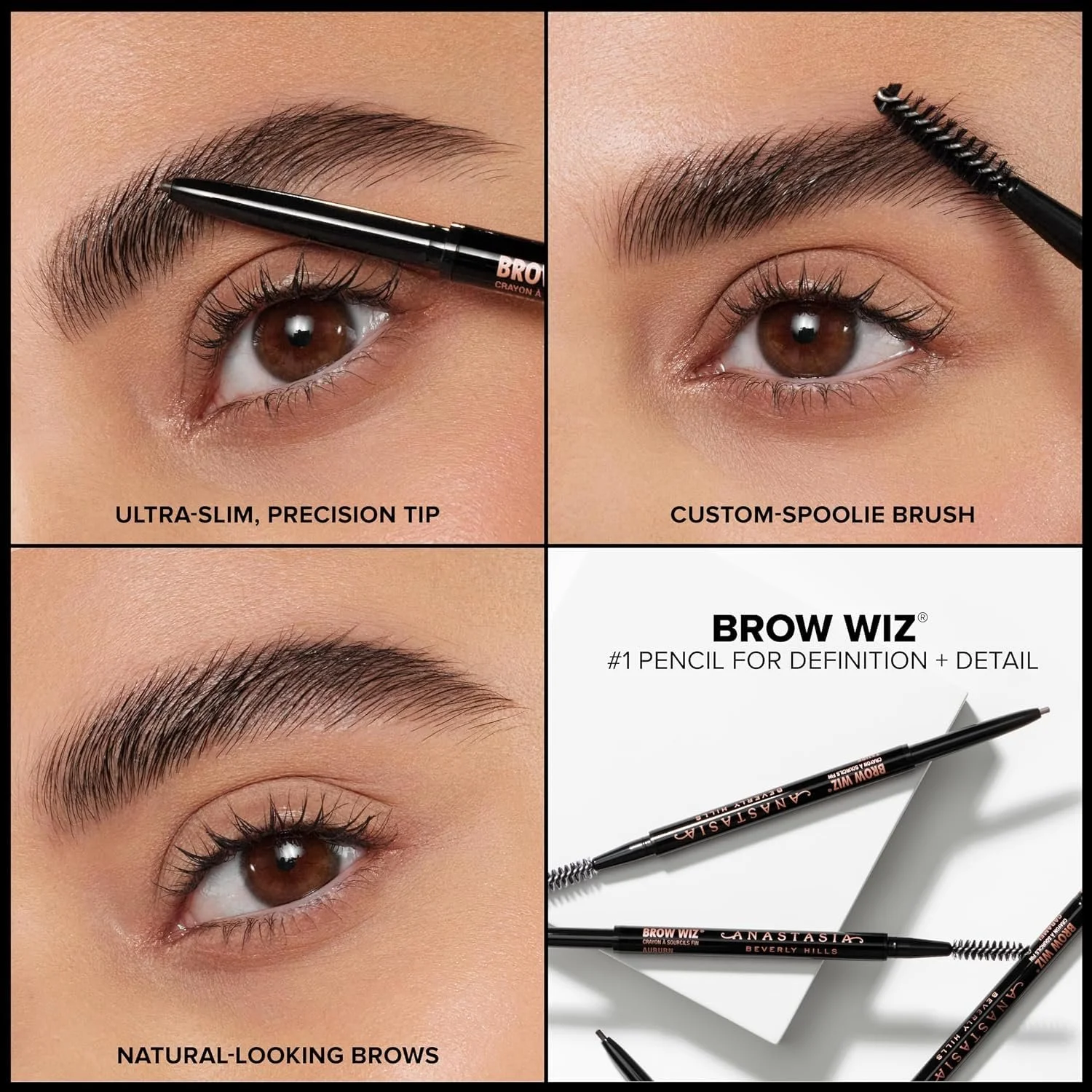 Close-up of a person's eyebrow demonstrating three steps for eyebrow grooming: 1) using a precision tip eyebrow pencil, 2) using a custom spoolie brush, 3) with natural-looking brows. The image also features Brow Wiz eyebrow pencils.