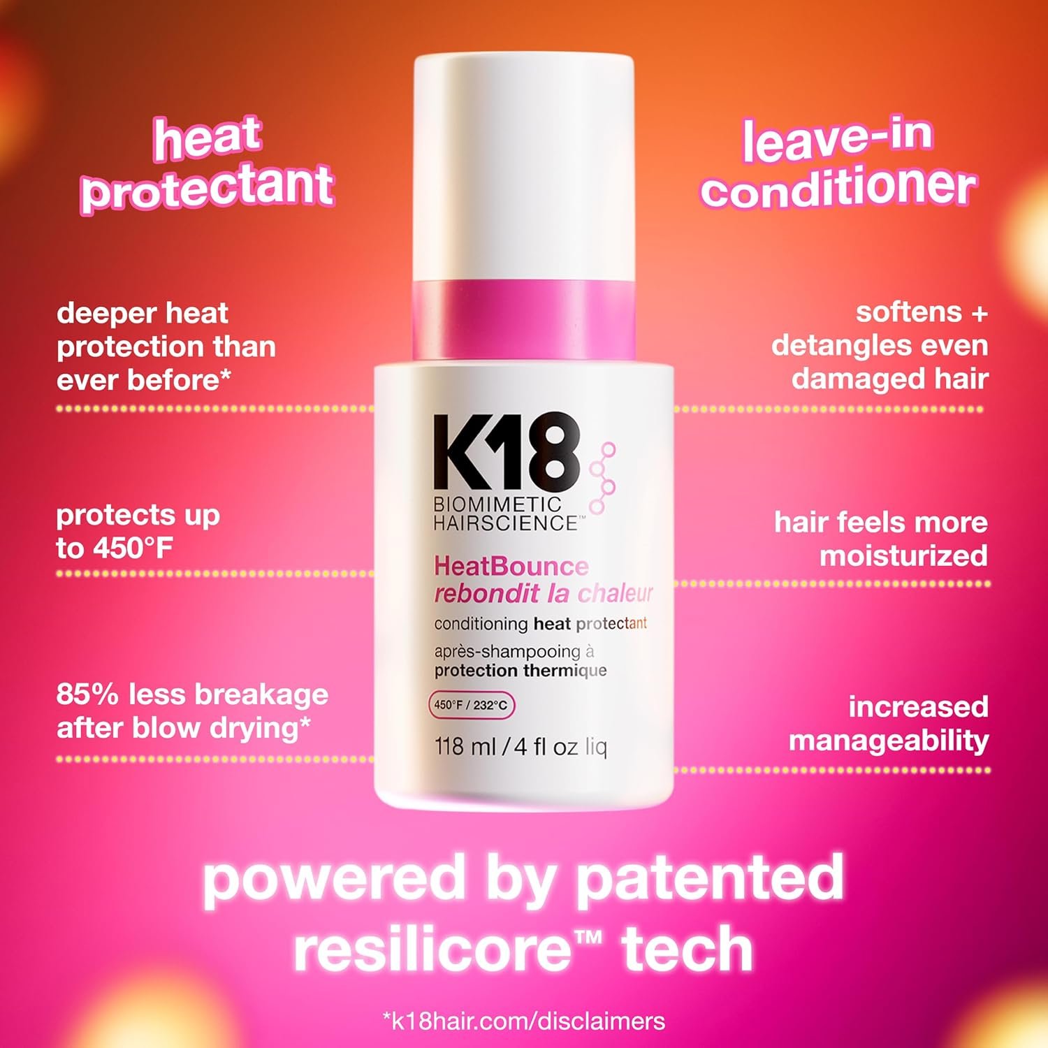 A bottle of K18 BIOMIMETIC HAIRSCIENCE HeatBounce leave-in hair conditioner on a pink background with text describing its features, including heat protection, softening damaged hair, and increased manageability.