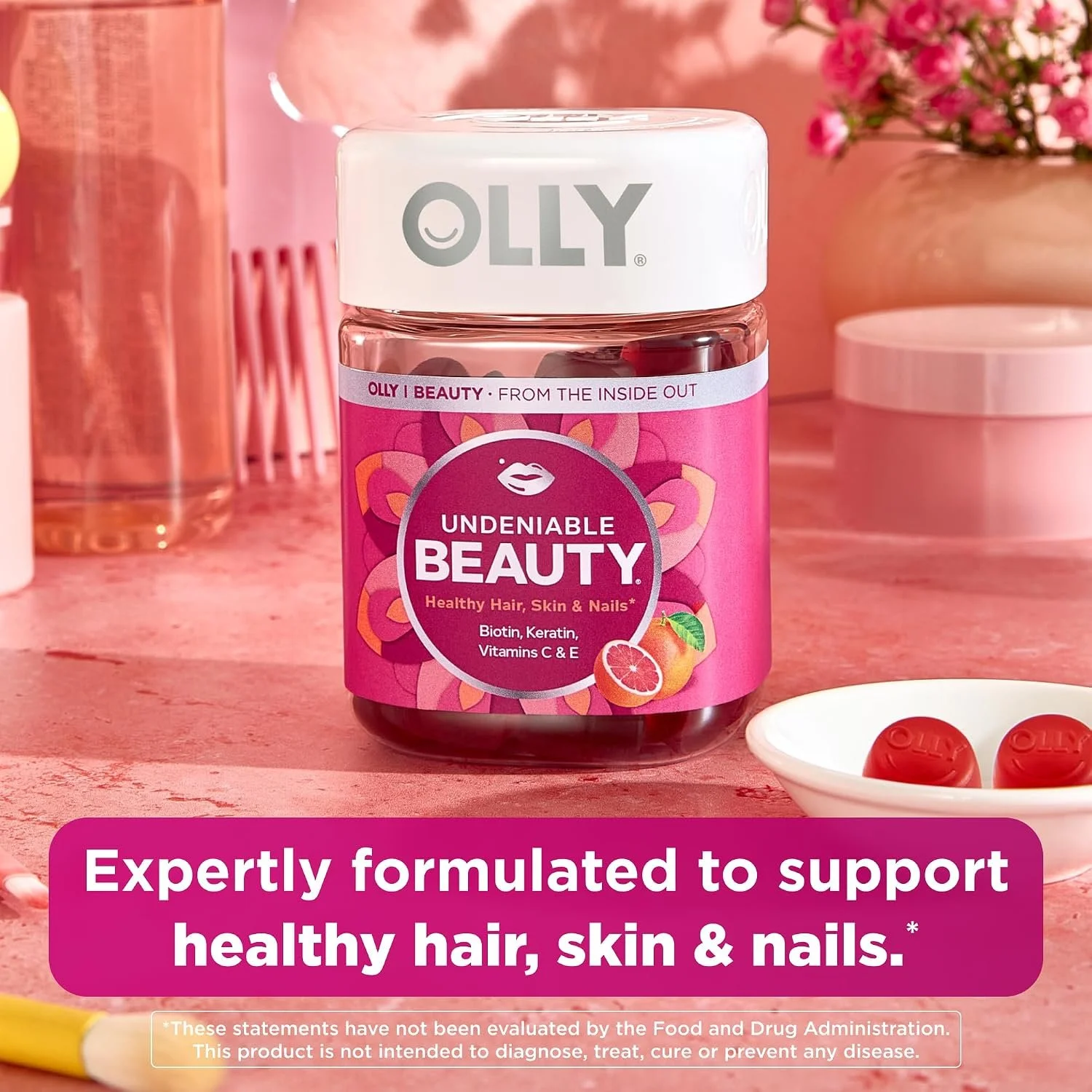 OLLY Undeniable Beauty gummies with biotin, vitamin C, vitamin E and keratin to support healthy hair, skin and nails