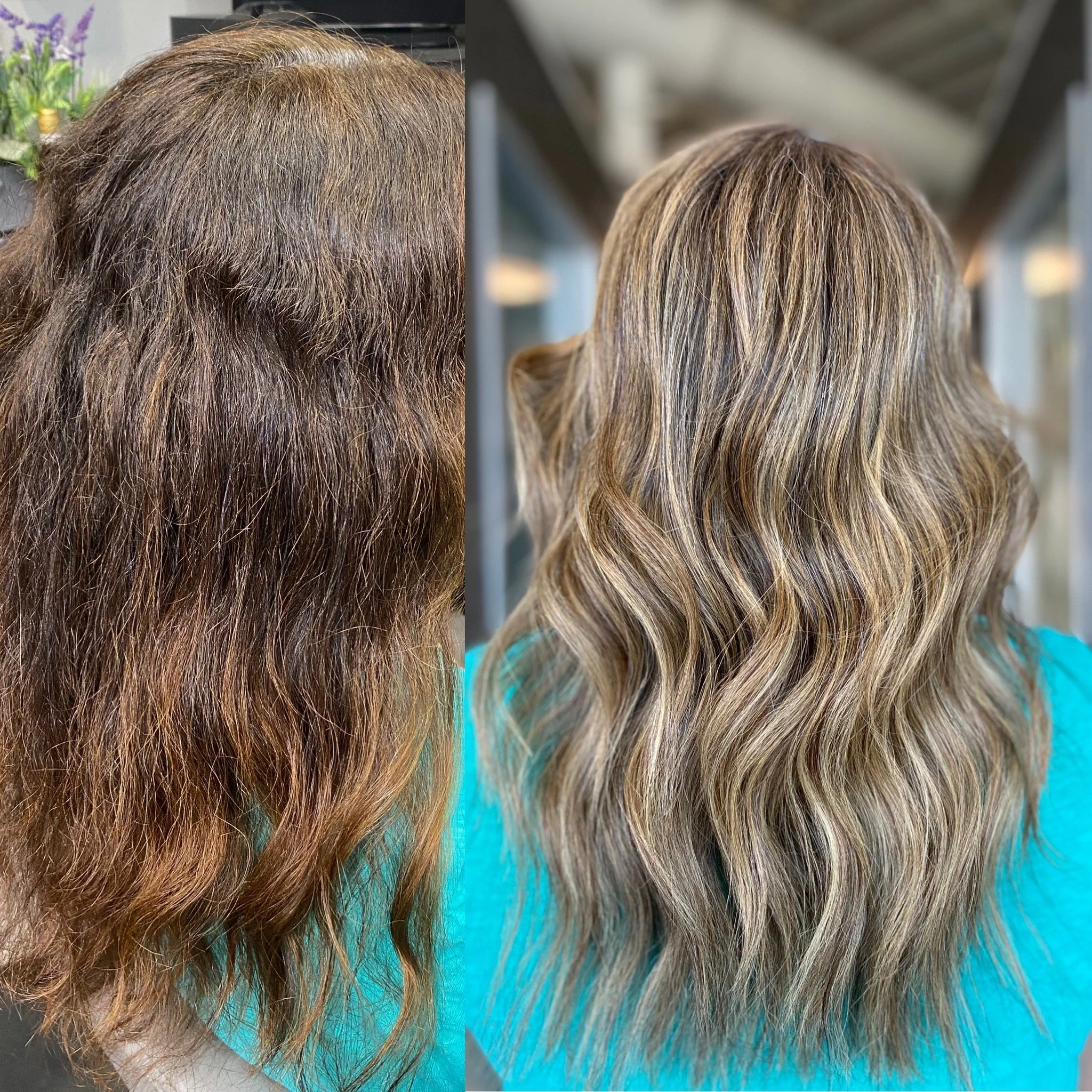 Gray blending hair color with cool blonde highlights, dimensional lowlights, and a soft lived-in finish created by Leah Taylor Salon in St. Petersburg, Florida.