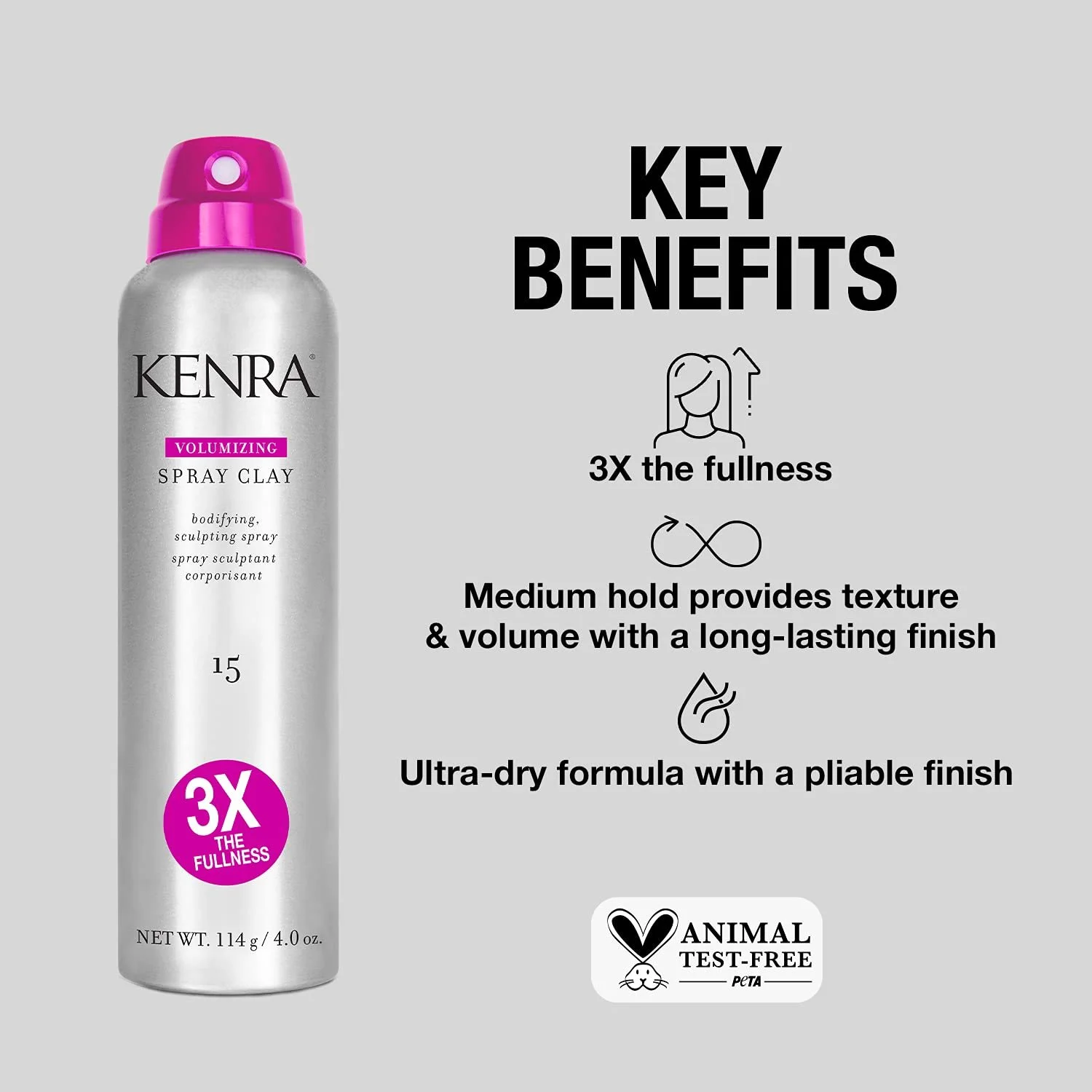 Kenra Volumizing Spray Clay for adding texture, volume and workable hold to styled hair