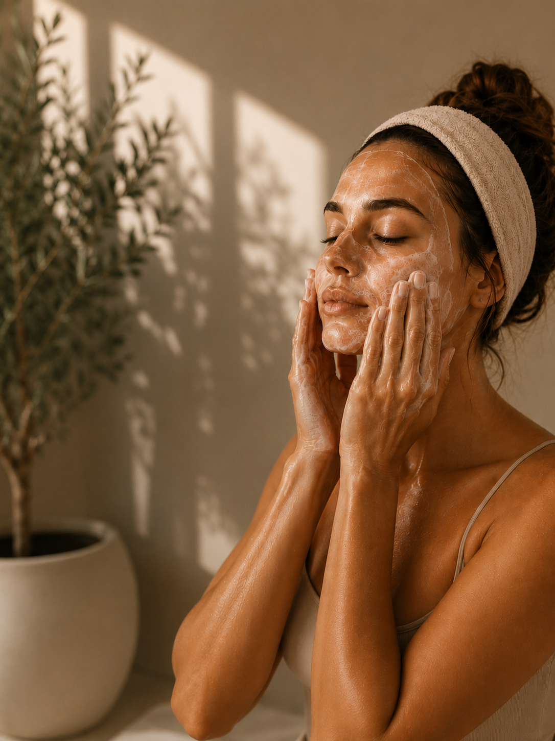A woman with a headband applying a foamy facial cleanser to her face in a well-lit room with a potted plant in the background.