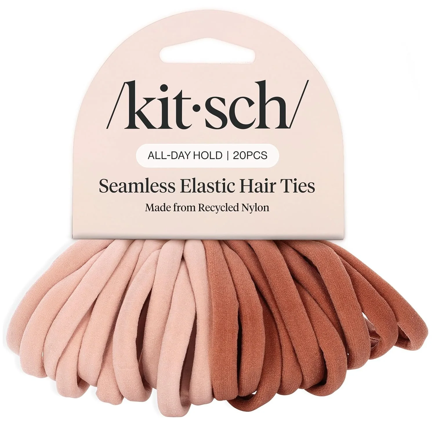Package of 20 seamless elastic hair ties made from recycled nylon in neutral pink, peach, and reddish-brown shades.