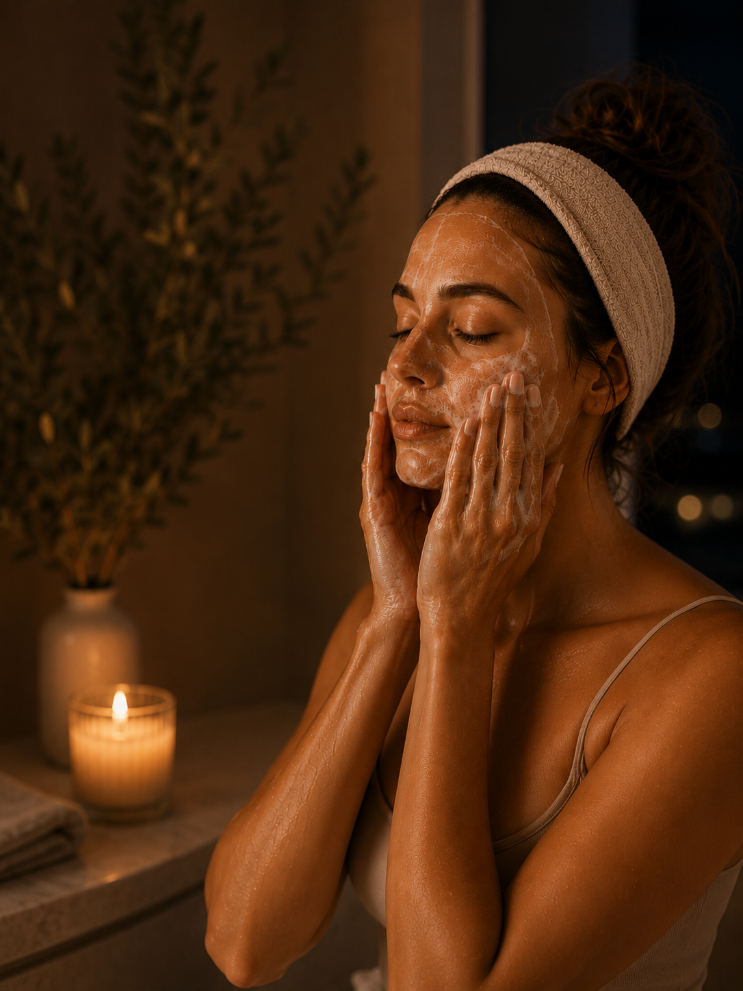 A woman with a headband applying facial cleanser in a dimly lit room at night, with a lit candle and a vase with plants in the background.