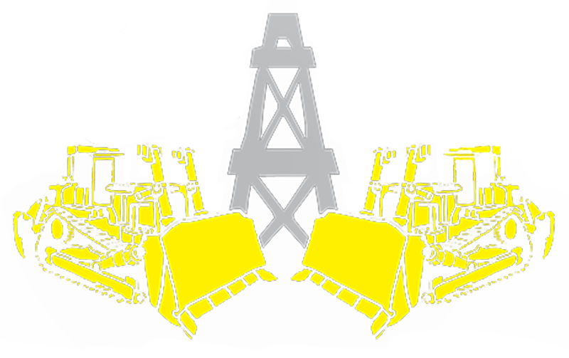 Illustration of an oil rig with two excavator machines with bulldozer blades positioned in front of it.