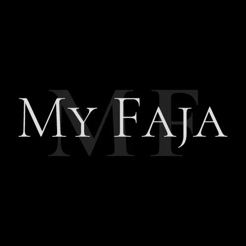 Text reading 'My Faja' with a large 'M' in the background on a black background.