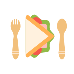 Illustration of a salad with a play button in the center, flanked by a fork on the left and a spoon on the right.