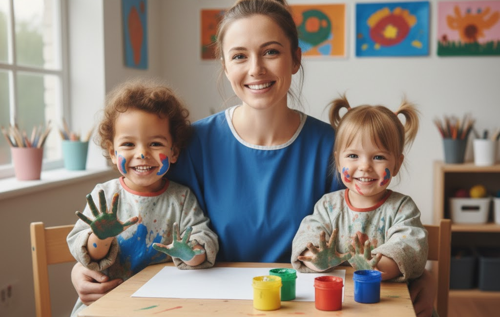A young female teacher sitting at a table with two kids with painted hands and faces, smiling in a brightly decorated classroom.