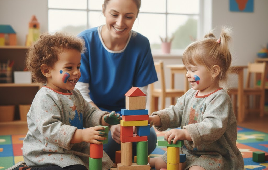 Two young children and a caregiver building a tower with colorful wooden blocks in a playroom.