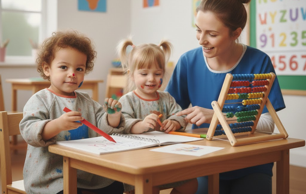 A teacher and two young children with face paint drawing at a table in a colorful classroom. The teacher is smiling and pointing at the drawing, with an abacus on the table. The children have face paint markings and are holding markers.