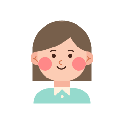 A cartoon illustration of a smiling girl with brown hair, pink cheeks, and a light blue shirt.