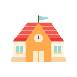 A school building with a clock on the front, a red roof, and a flag on top.